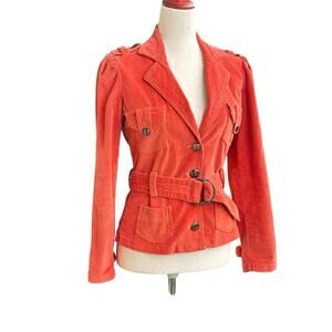 Tulle by Anthropologie Coral Orange Corduroy Jacket Belted Military Coat XS
